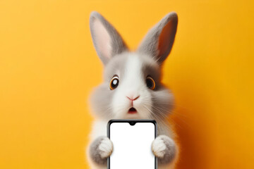 Shocked bunny with bulging eyes holding smartphone with white mockup screen. ai generative