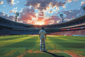 Man professional cricket stadium athlete india cricket player standing on the pitch - obrazy, fototapety, plakaty