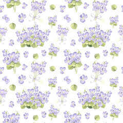 Seamless pattern from wild violets with green leaves. Hand drawn watercolor illustration background with spring pansy flower blossom. Template for fabriks and wallpaper, scrapbooking, covers, textile.