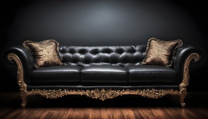 Black sofa isolated on a wooden floor, black wall behind