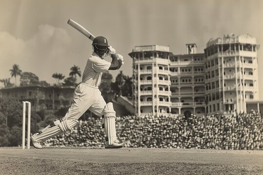 Indian cricket team player batting on field in 1980s 