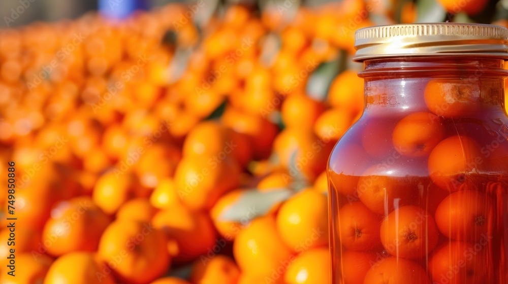 Poster a jar filled with lots of oranges sitting on top of a pile of oranges next to each other.