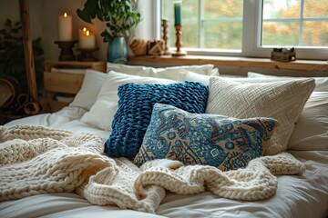 Bed with blue and beige pillows and bedspreads. Interior design of a modern bedroom