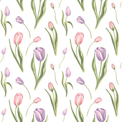 Seamless pattern from purple pink tulips with leaves on a white background. Hand drawn watercolor illustration garden spring blossom. Template for fabrics, wallpaper, scrapbooking, wrapping, textile.