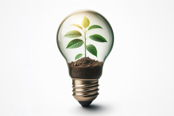 Small plant growing inside a lightbulb isolated on a white background. ai generative
