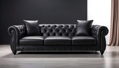 Black modern leather sofa isolated in a dark room, black wall