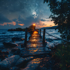 Wooden Pier Leading Out to Sea with Beautiful Starry Night View. Wooden Bridge Over the Sea
