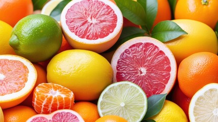 a pile of oranges, limes, grapefruits, and grapefruits sitting on top of each other.