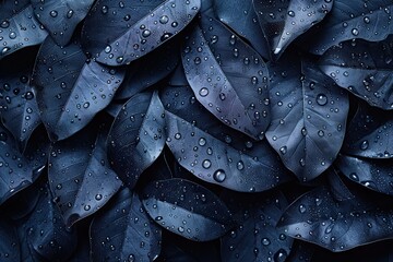 Obraz premium Dark blue leaf with rain droplets in the background