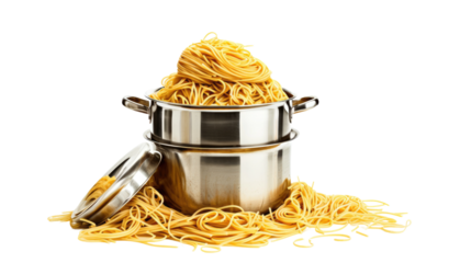 Two Pasta-Filled Pots on Table. A table with two pots filled with freshly cooked pasta. The pots are placed side by side, showcasing the delicious meal ready to be served.