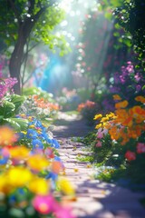 Beautiful garden a path with colorful flowers, dreamy background.