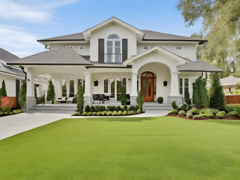 The newly constructed luxury home has an exquisite exterior, with a lovely yard adorned with lush green grass.