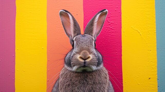 a rabbit is standing in front of a multicolored wall with a surprised look on it's face.