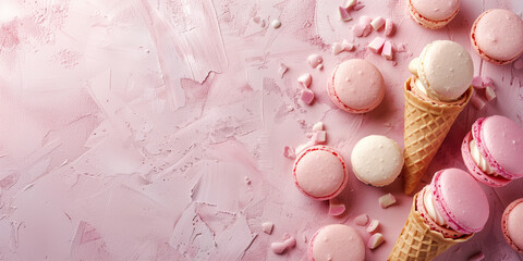 A pink background with a pink and white ice cream cone and a bunch of macarons