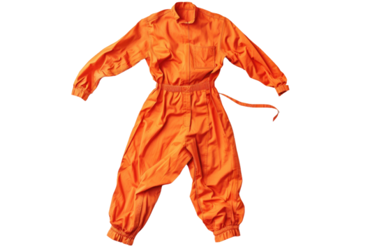Orange Jumpsuit. A bright orange jumpsuit is displayed on a plain white background showcasing color and design. The jumpsuit is neatly folded emphasizing its straight lines and overall construction.