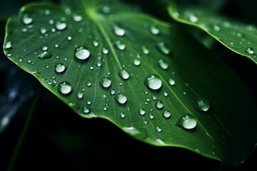 Close up raindrops falling on green leaf in serene nature inspired style plant after rain outdoors with bubble clear drop of water garden in rainy weather ecology eco background beautiful backdrop