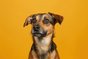 Obraz premium A brown and black dog with a black nose and brown eyes is staring at the camera