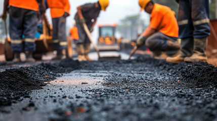 Road construction workers laying tarmac at a road construction site, asphalt, gravel leveled and road surface repair. Generative AI. - obrazy, fototapety, plakaty