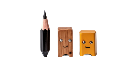 Three Pencils With Faces Drawn on Them. Three wooden pencils with cartoon faces drawn on their tips are placed on a white surface. on White or PNG Transparent Background.