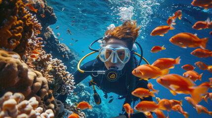 Female scuba diver swimming underwater in pristine tropical fish coral reef sea clear blue. Generative AI. - obrazy, fototapety, plakaty