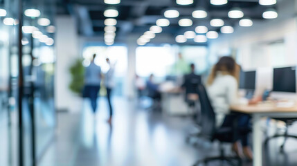 Fototapeta premium Blurred business office with people, bokeh at office interior background. Generative AI.
