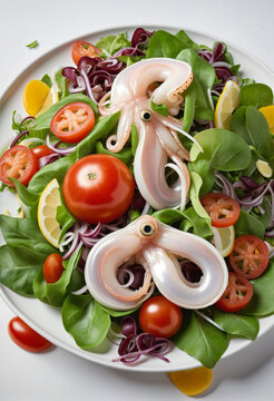 Close-up of salad with squid 3d dish illustration, realistic