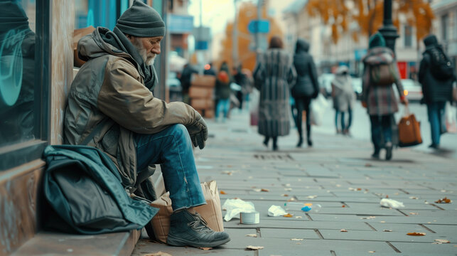 Homeless old man on city street, hungry homeless begging for help and money. Generative AI.