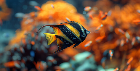 fish on coral, Gorgeous Moorish Idol Gliding Showcase the striking beauty of a Moorish idol as it glides gracefully through the water, its elongated fins and distinctive markings making it a standout  - obrazy, fototapety, plakaty