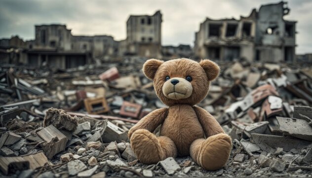 In a scene of devastation, a teddy bear stands out as a reminder of innocence and comfort amidst chaos