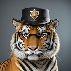 portrait of tiger with hat and glasses