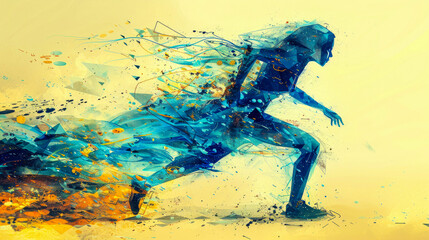 Abstract blue rapidly running girl created from triangles. Color illustration on beige background. Close-up. Copy space.