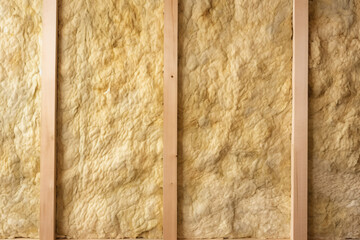 Close up of wall with mineral wool isolation between wooden beams