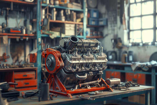 An AI generative image of car engine been dismantle and seperate in a workshop.
