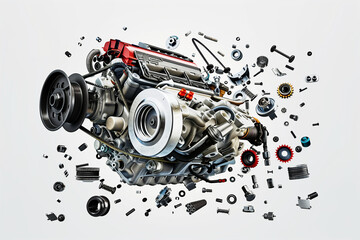 An AI generative image  of engine levitation and component been dismantle on white background.