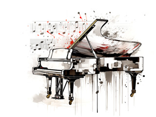 The grand piano line art and watercolor graphic illustration abstract art background monochrome schematic color on white background - 749853823