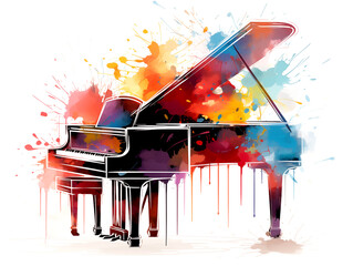 The grand piano line art and colorful watercolor graphic illustration abstract art background - 749853841