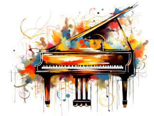 The grand piano line art and colorful watercolor graphic illustration abstract art background - 749853850