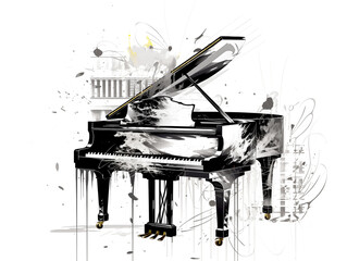 The grand piano line art and watercolor graphic illustration abstract art background monochrome schematic color on white background - 749853851