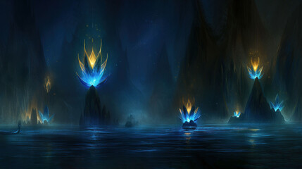 a painting of a fantasy scene with a boat in the middle of a body of water surrounded by blue and yellow flames.