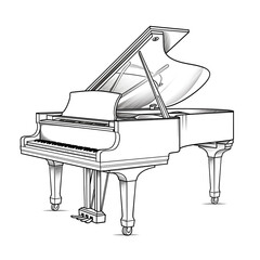 The grand piano line art and watercolor graphic illustration abstract art background Black and white color - 749853868
