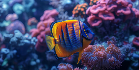 Fototapeta na wymiar fish in aquarium, Graceful Angelfish Gliding Among Coral Showcase the elegance of an angelfish as it glides gracefully among colorful coral formations, its vibrant colors adding a splash of beauty to 