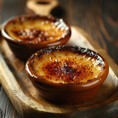 French Creme Brulee, Caramelized Custard Dessert, Burnt Pudding, Creme Brulee in White Bowls