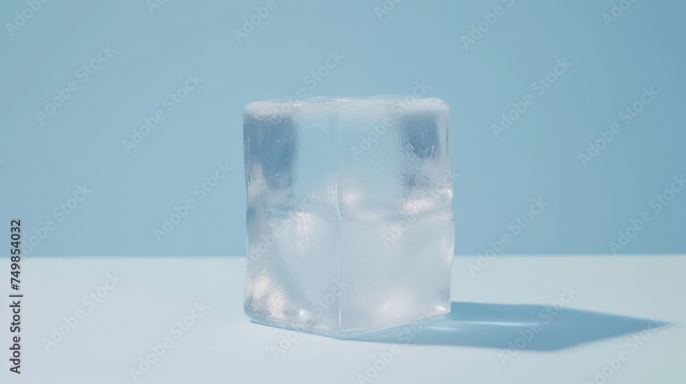 Poster a block of ice sitting on top of a table next to a shadow of a person's head on the ice.