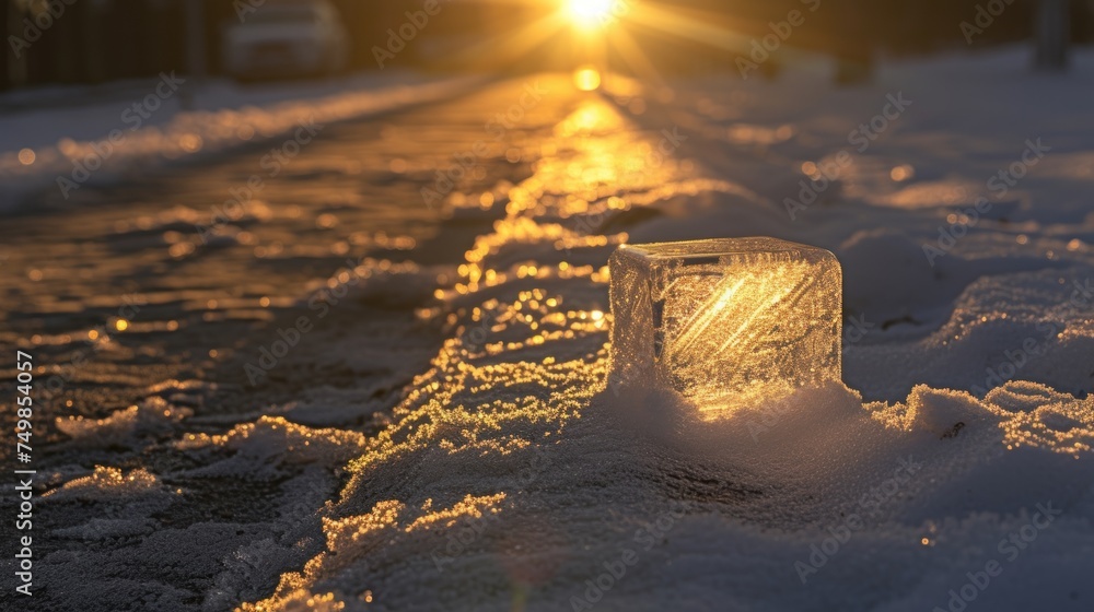 Poster a block of ice sitting on the side of a road in the middle of a snow covered road with the sun setti