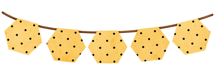Yellow hexagon shape with small black polka dot garland, bunting party decoration