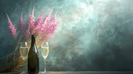 a vase filled with pink flowers next to a bottle of wine and two glasses of wine on top of a table.