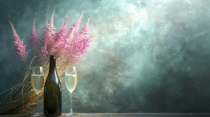 Fotobehang a vase filled with pink flowers next to a bottle of wine and two glasses of wine on top of a table. © Olga