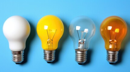 a row of light bulbs sitting next to each other on a blue surface with one yellow light bulb in the middle of the row.