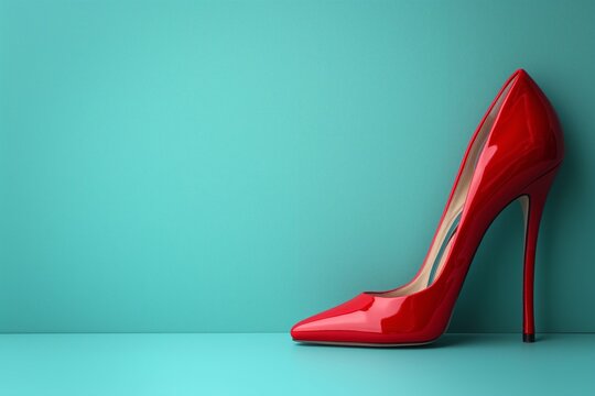 A single shiny red high heeled shoe against blue background with space for text