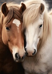Obraz premium two horses standing next to each other with their heads touching each other's foreheads in front of a stone wall.